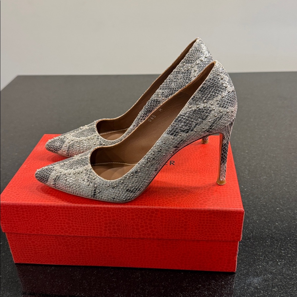 Donald j Pliner Made in Spain Leather Embellished Snake Print Stilettos 8.5